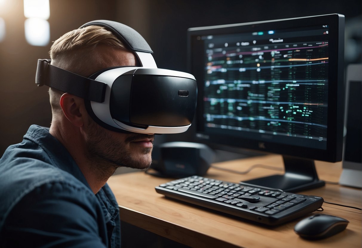 A VR headset connected to a computer, with a data erasure progress bar filling up on the screen. Virtual objects and environments surrounding the headset to indicate the AR/VR context