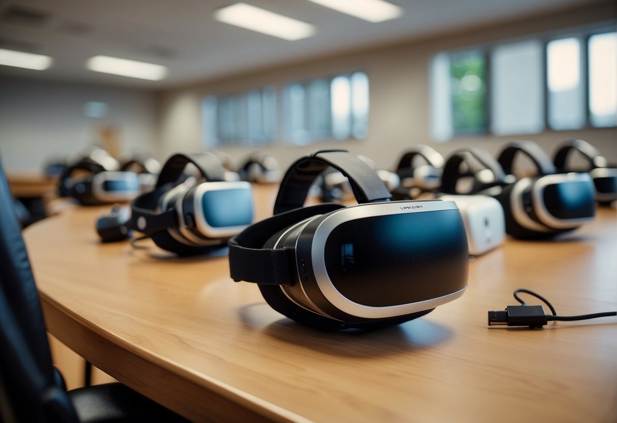 A classroom setting with VR headsets being wiped clean of data, symbolizing the impact of data erasure on educational outcomes