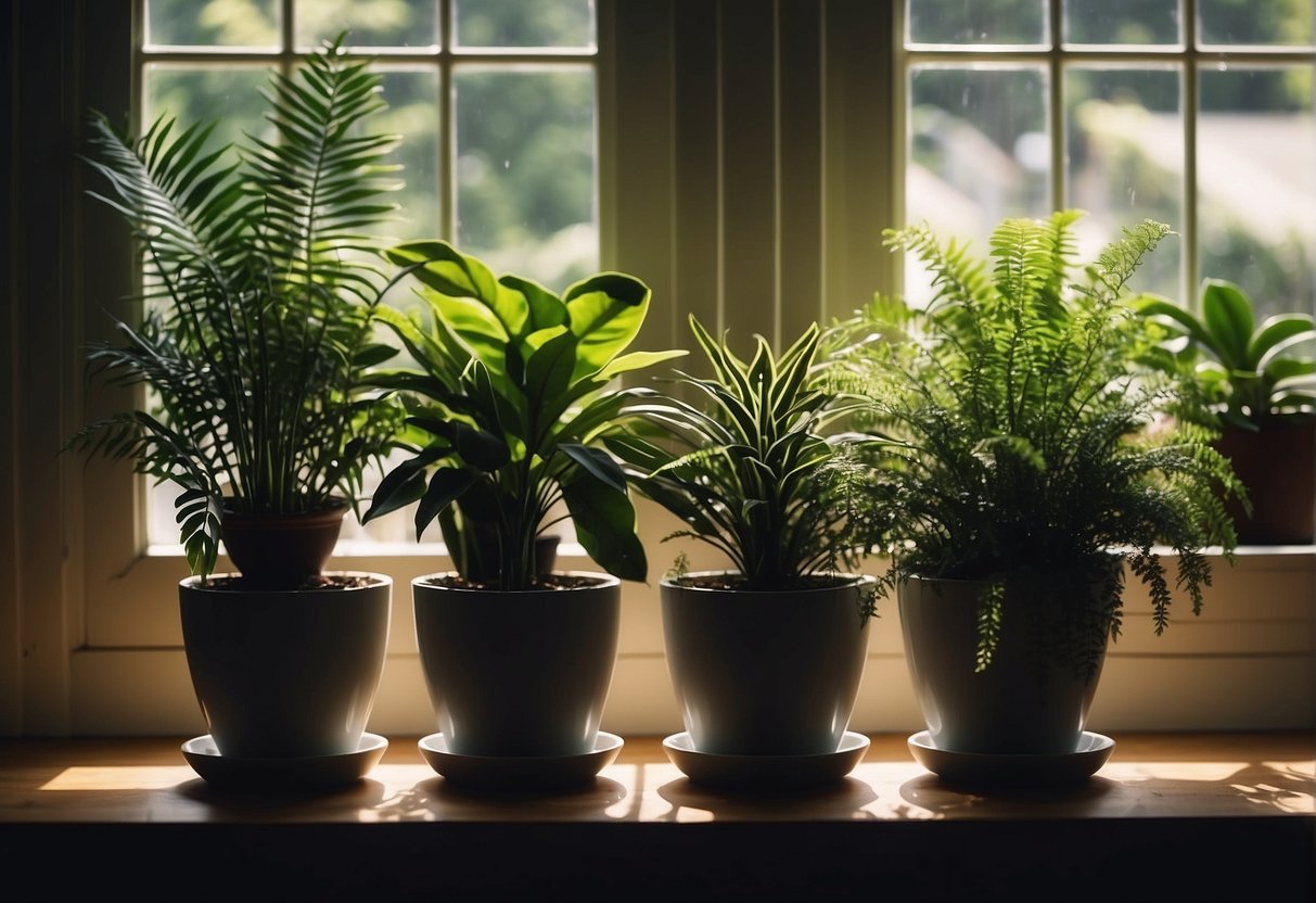 Lush green indoor plants fill hanging planters, casting gentle shadows in an Australian home. Sunlight filters through the window, illuminating the vibrant foliage