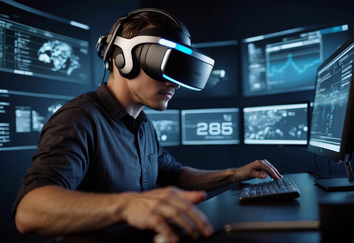 A person wearing a VR headset and using hand controllers to interact with virtual objects, while a computer screen displays data erasure processes