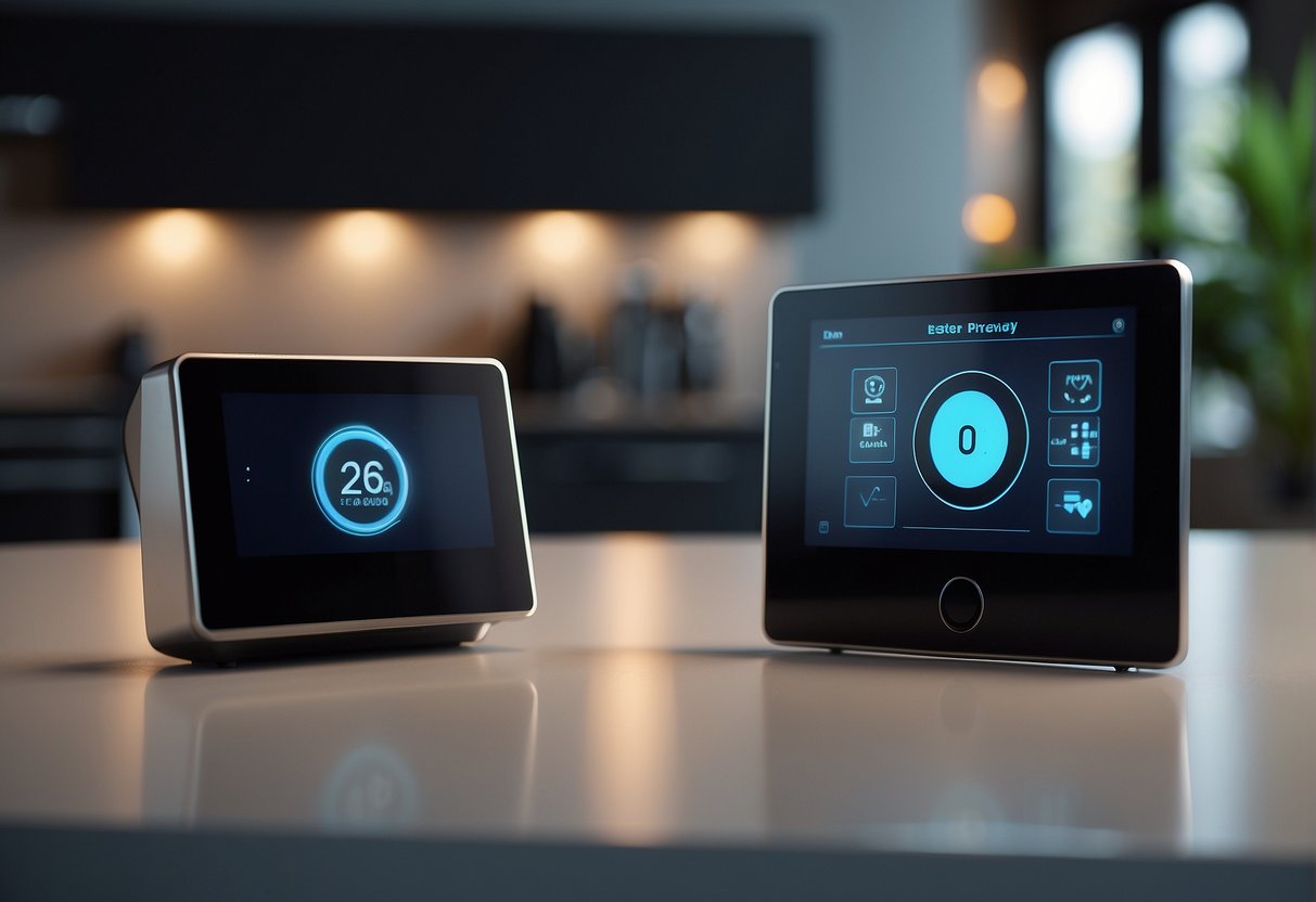 A smart home device being wiped clean of data, with a digital screen displaying the erasure process and a lock symbol indicating consumer privacy protection