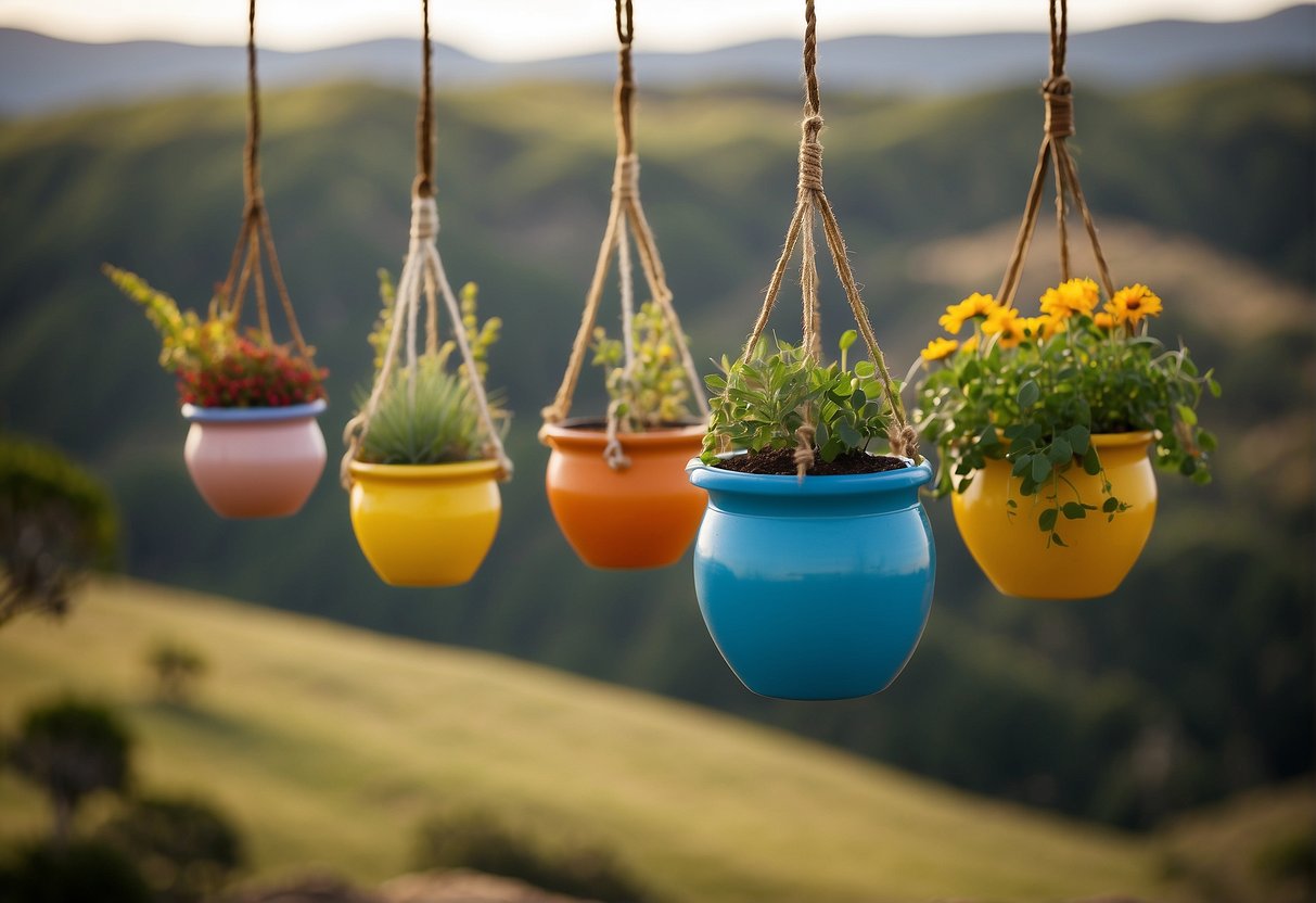 Several colorful hanging pots sway in the breeze against the backdrop of the Australian landscape