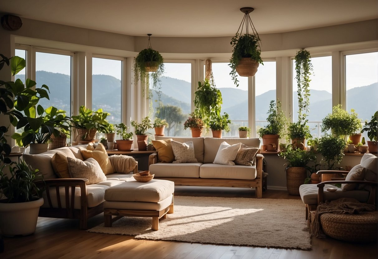 A cozy living room with a large window, filled with natural light. A variety of hanging pots are displayed, showcasing different sizes and styles