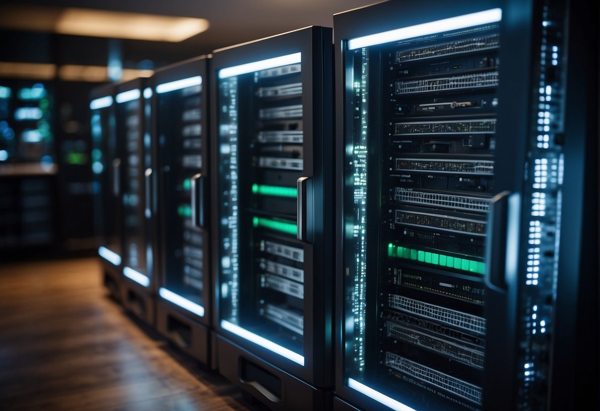 A server rack being wiped clean with a secure data erasure tool, surrounded by security protocols and code, illustrating the integration of data erasure into secure DevOps practices