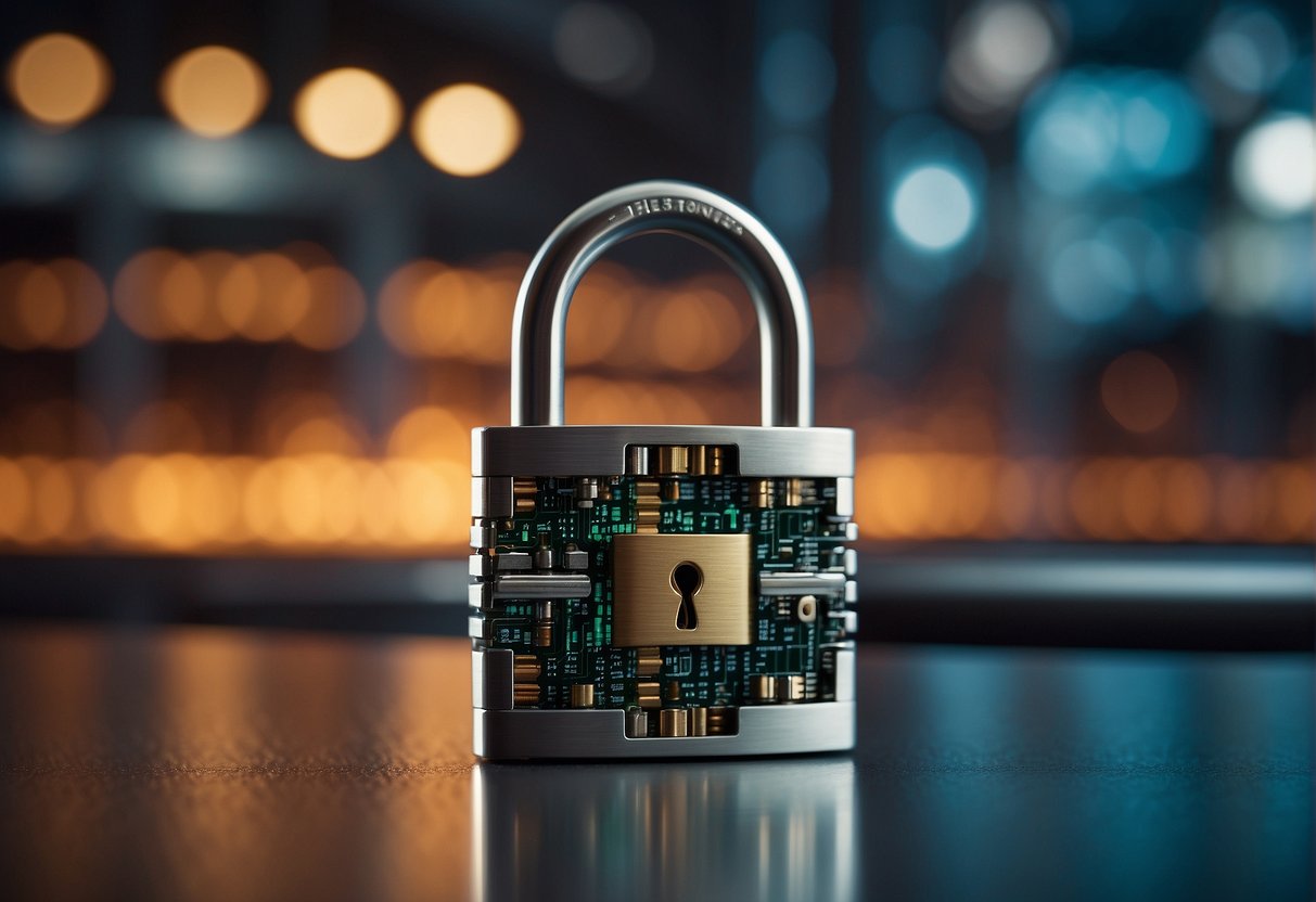 A padlock symbolizing data security in DevOps, with a shredder representing data erasure, surrounded by coding and infrastructure icons