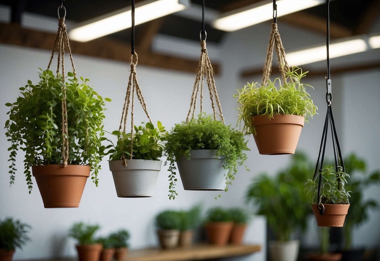 Pots hanging from ceiling hooks with plants inside. Measure and mark hook placement. Use a drill to create holes. Hang pots securely