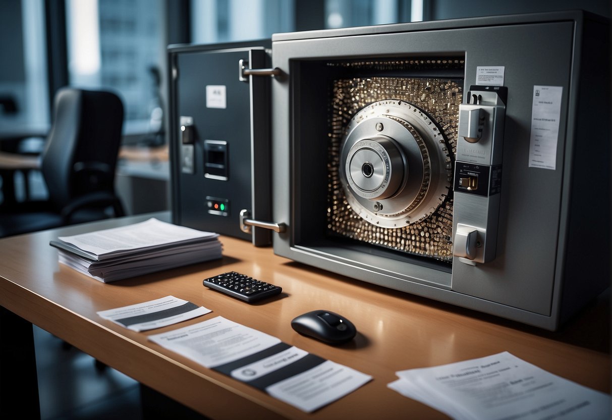 A secure vault with a data erasure machine, surrounded by regulatory documents and compliance guidelines. An integrated DevOps system ensures seamless erasure processes