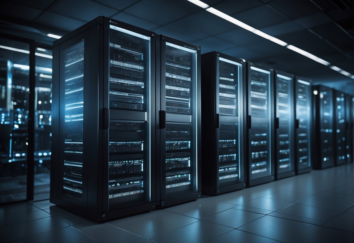 A server room with data erasure tools integrated into the DevOps workflow, showing the seamless process of securely wiping data from storage devices