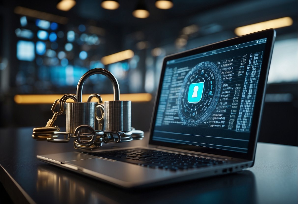 A computer screen displaying a secure data erasure process, surrounded by locked padlocks and security symbols