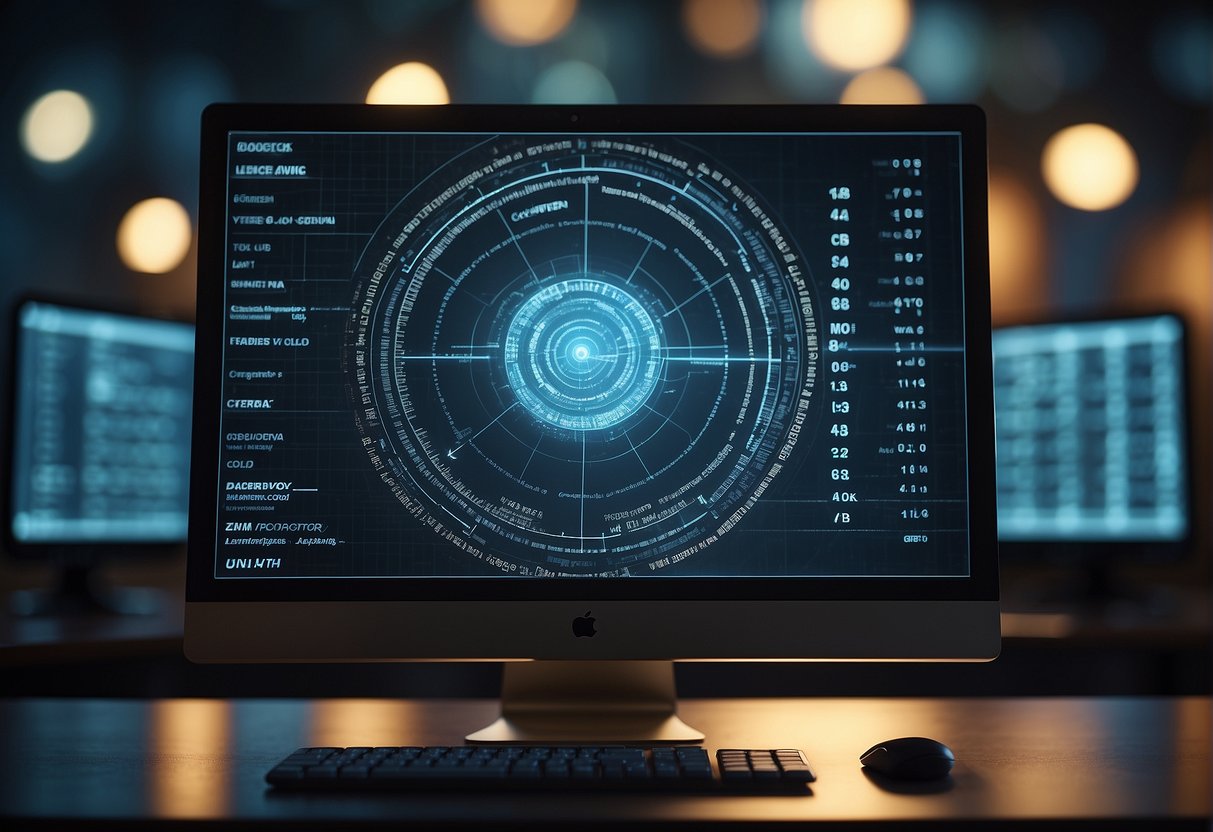 A computer screen displaying a progress bar for data erasure, surrounded by security symbols and coding algorithms