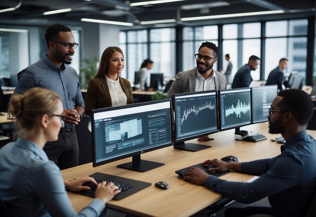 A group of diverse team members working together in a modern office space, with computer screens displaying secure DevOps practices and data erasure techniques