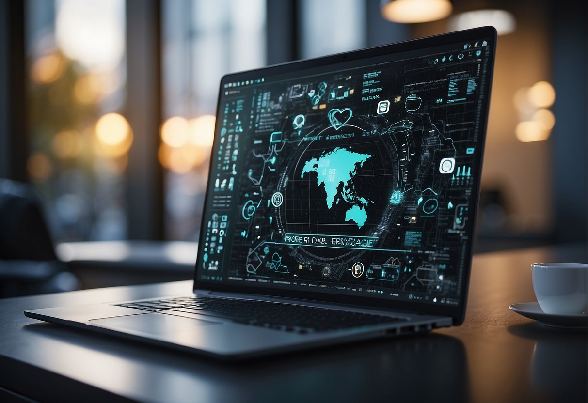 A computer screen displaying a secure data erasure process, surrounded by icons representing legal and ethical considerations, and a visual representation of the secure DevOps practices