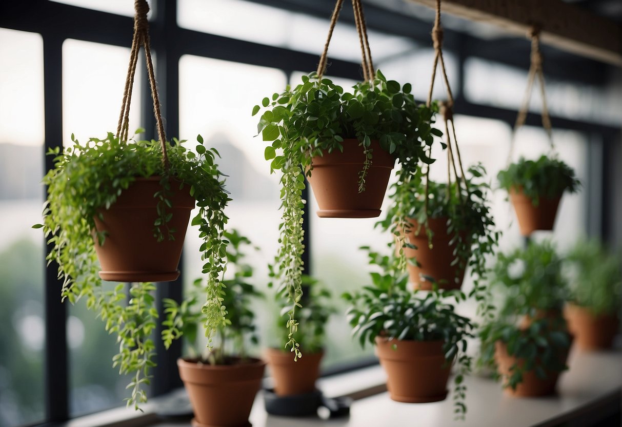 Several hanging pot plants dangle from the ceiling, swaying gently in the breeze