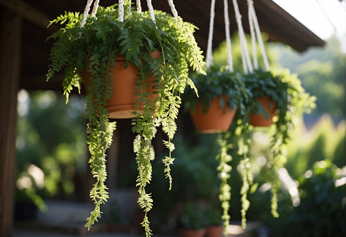 Lush green plants hang from macrame hangers, swaying gently in the breeze, creating a serene and natural atmosphere