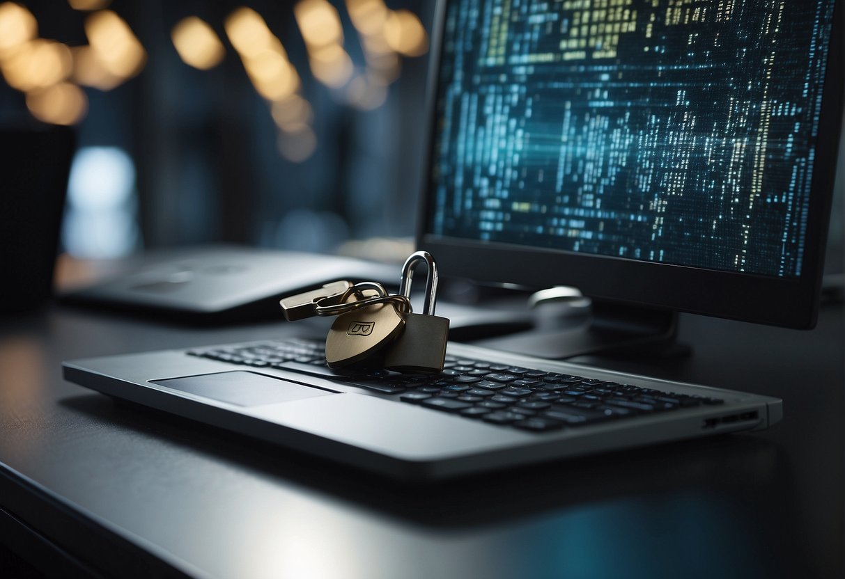A computer screen displaying a secure data erasure process with financial transaction records being wiped clean. A padlock symbol appears to signify the protection of sensitive information