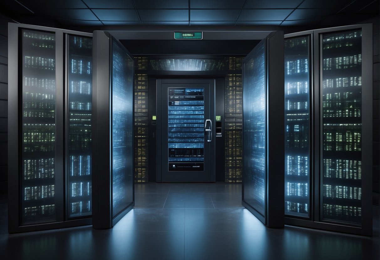 A secure vault door with a digital display showing "Data Erasure in Progress" surrounded by rows of servers and financial transaction documents