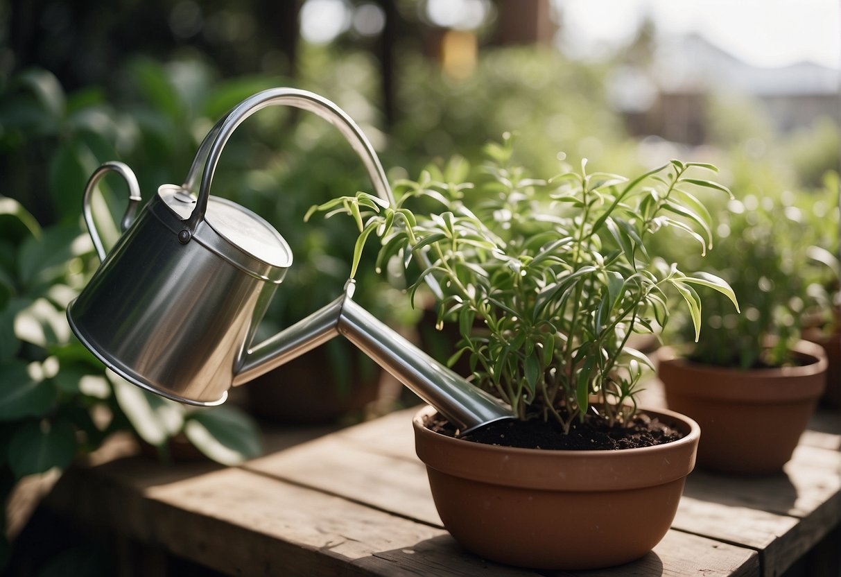 Water streams from a watering can onto hanging pot plants