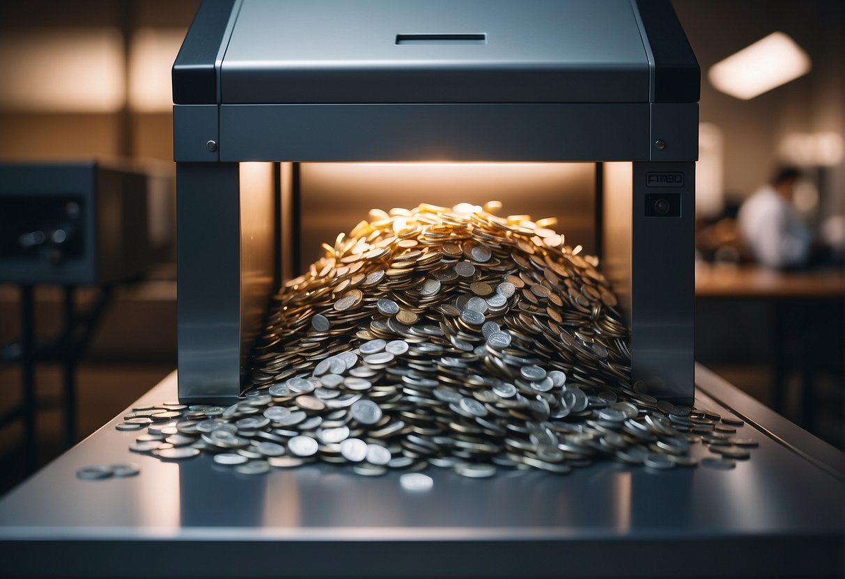 A secure vault with financial documents being shredded by a powerful machine, ensuring legal compliance and data erasure for safeguarding financial transactions