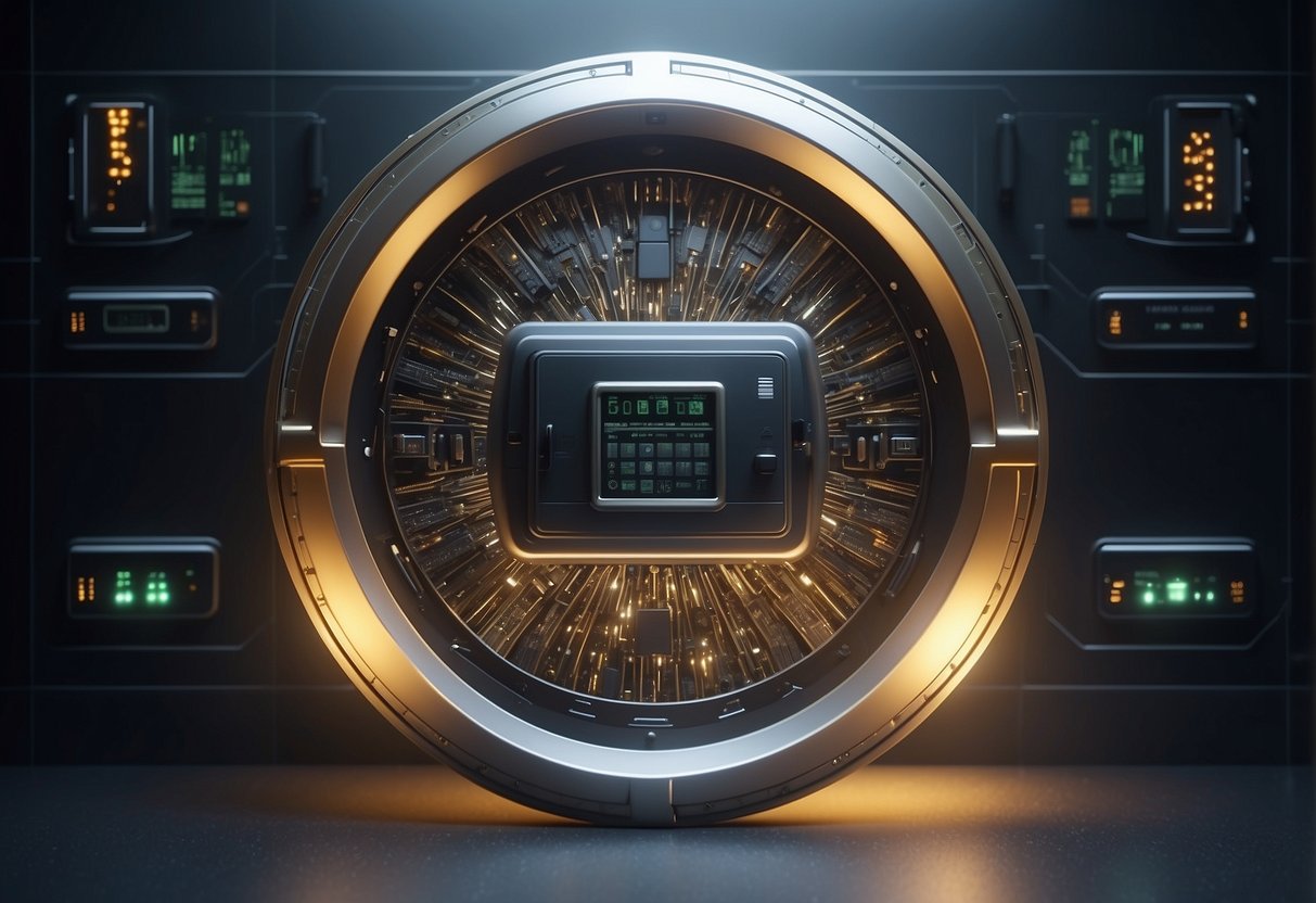 A secure vault door with a glowing digital lock, surrounded by layers of encryption and firewalls, symbolizing the protection of financial data