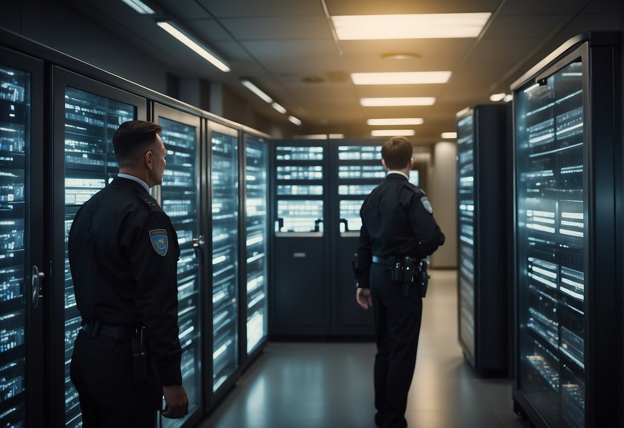 A secure vault with financial data being erased from electronic devices, surrounded by locked cabinets and guarded by security personnel