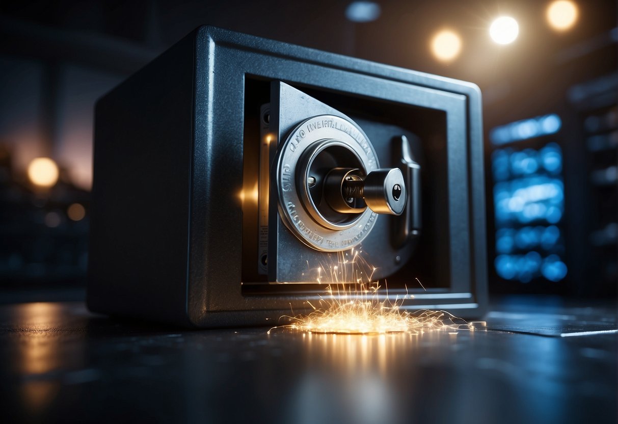 A locked safe with a digital lock and a keyhole, surrounded by a glowing force field. A shredder machine in the background destroying paper documents