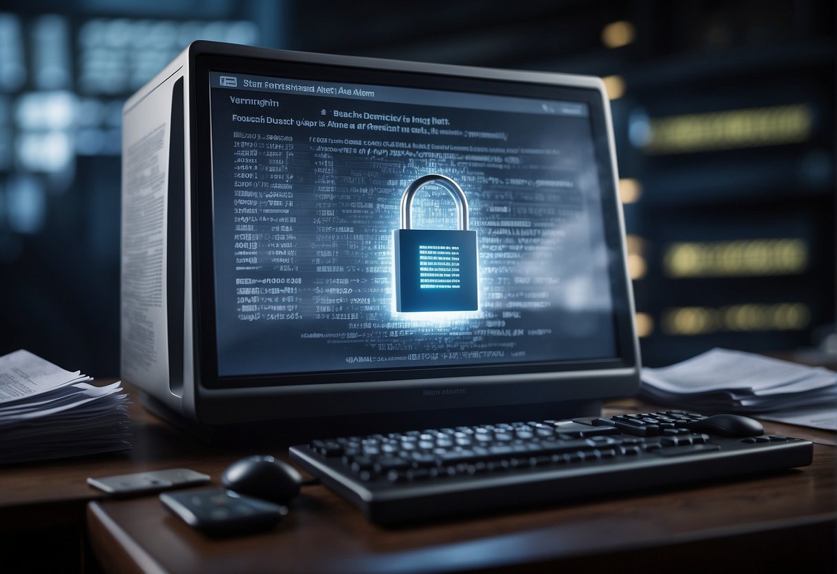 A computer screen displays a "Data Breach" alert while a shredder destroys a stack of documents. A digital lock secures a vault filled with financial records