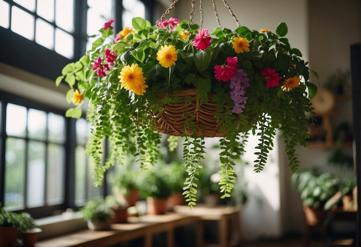 A lush indoor hanging basket overflowing with vibrant green foliage and colorful flowers, suspended from the ceiling in a sunlit room