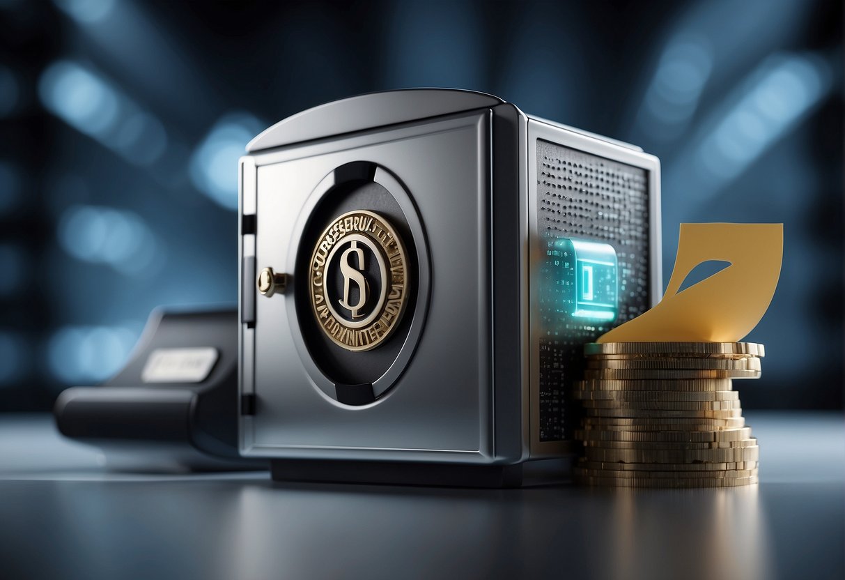 A secure vault with a digital eraser symbol, surrounded by financial transaction documents and data protection shields