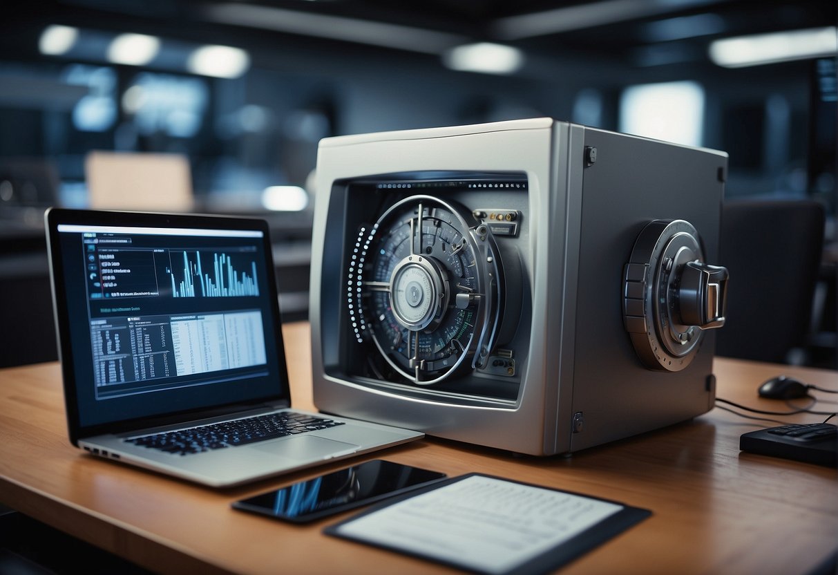 A secure vault with a data erasure process in action, surrounded by financial transaction documents and digital devices