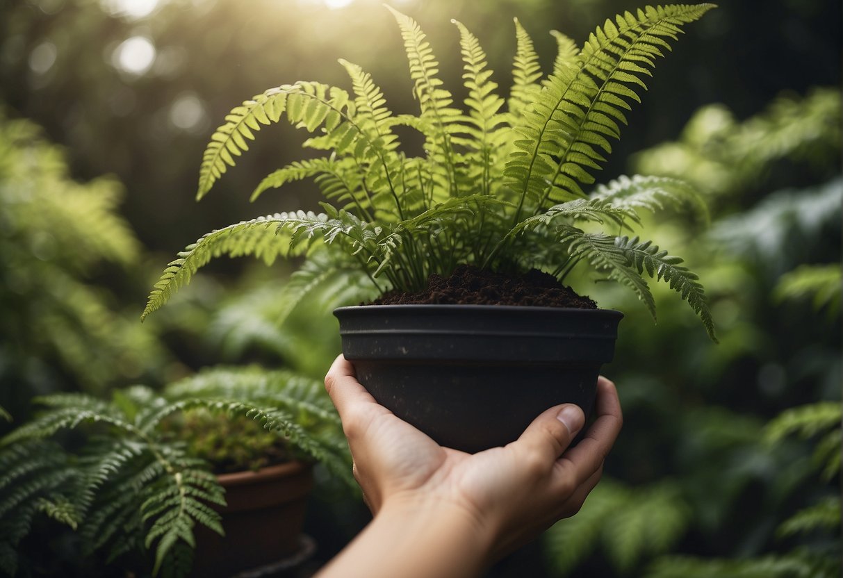 A hand reaches up to water a lush green fern in a hanging basket, surrounded by a collection of gardening tools and a spray bottle