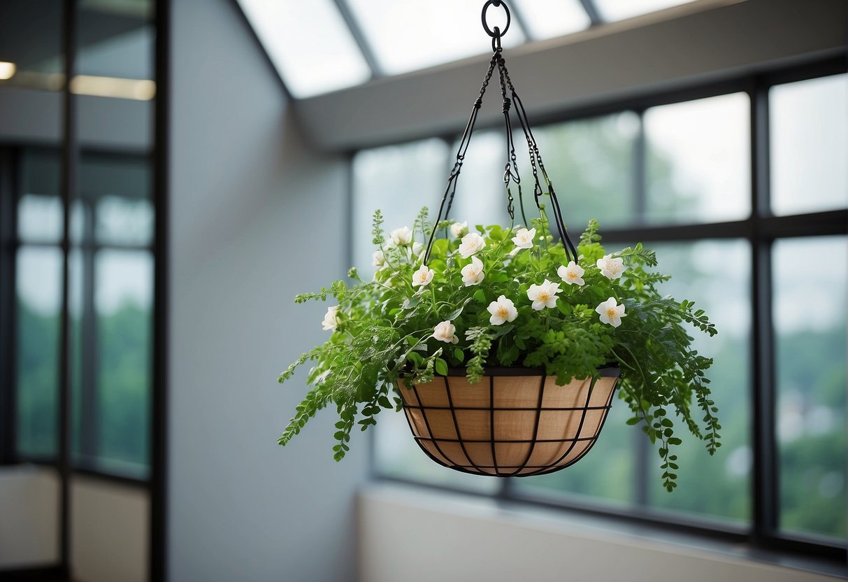 A modern indoor hanging basket with vibrant green foliage and delicate flowers, suspended from a sleek metal hook against a backdrop of a clean, minimalist interior