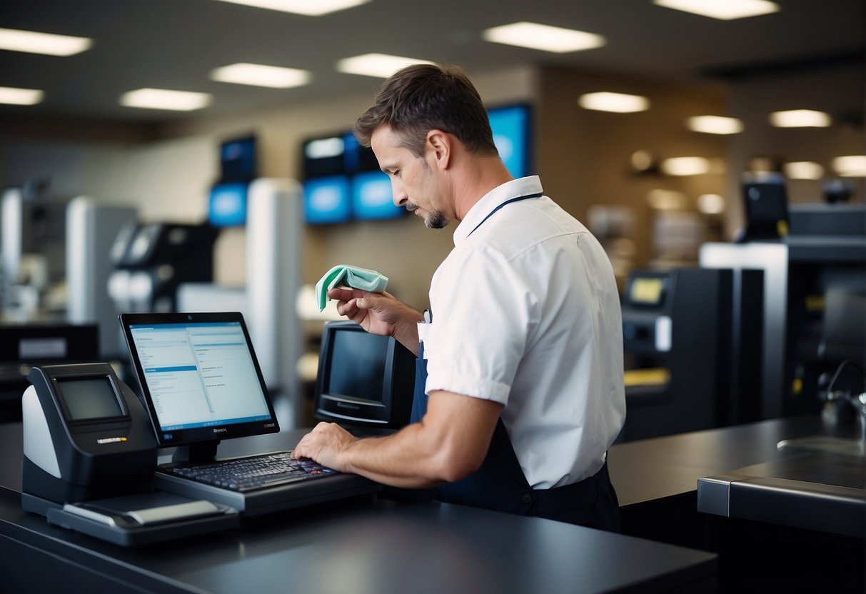 A technician wipes clean a POS system, erasing sensitive retail data to ensure security