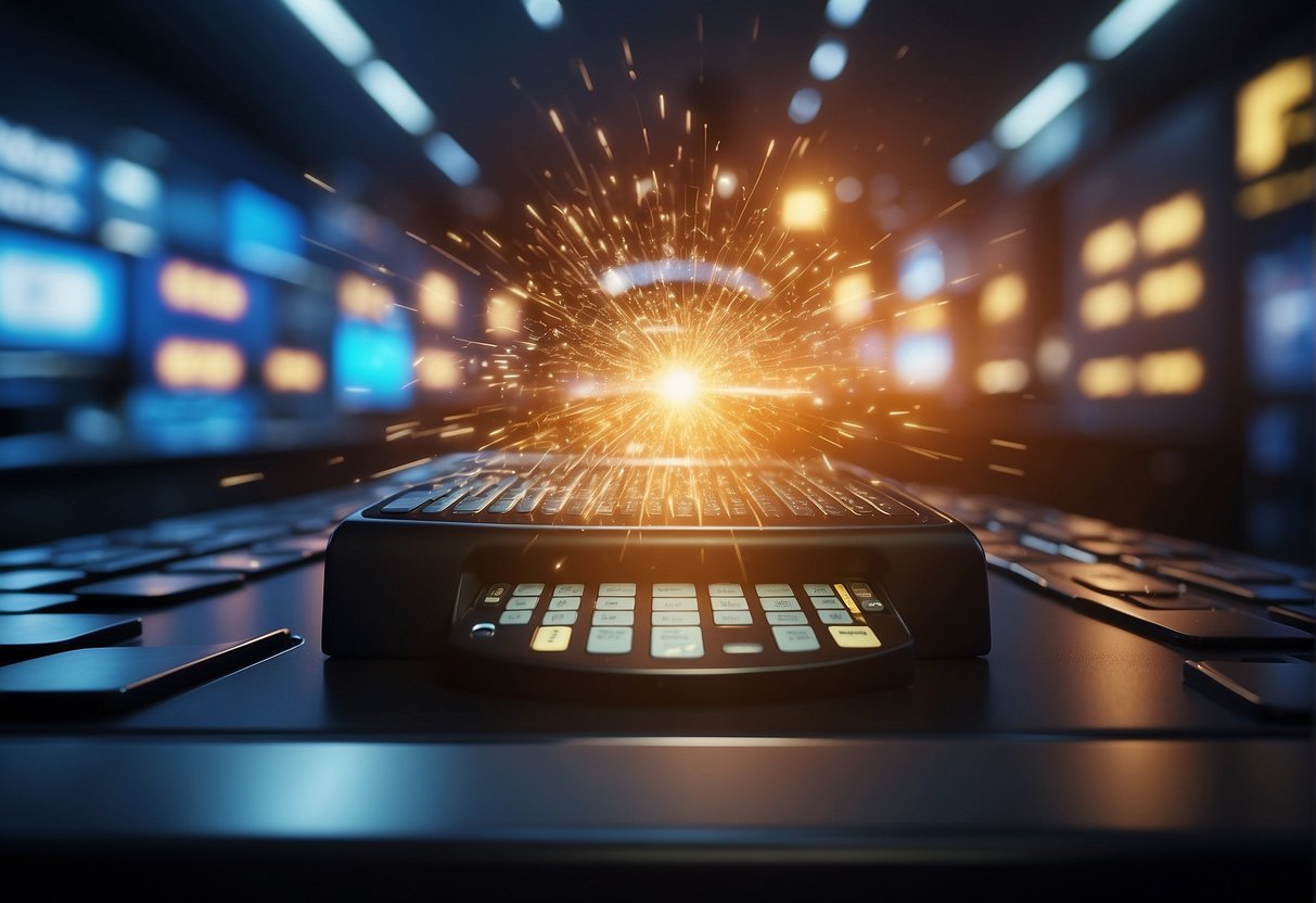 A POS system being wiped clean of data, with a secure lock symbol displayed on the screen, surrounded by security measures like firewalls and encryption protocols