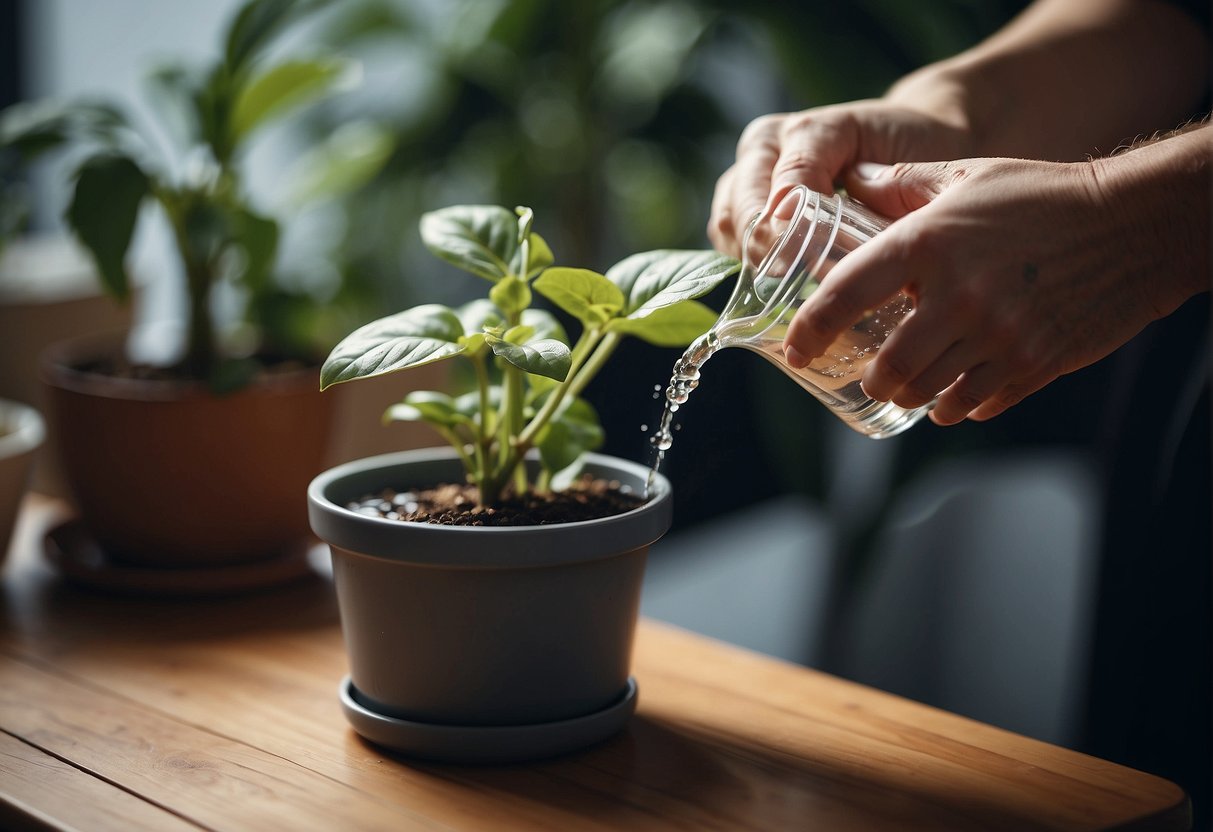 A hand pours water into a self-watering plant pot