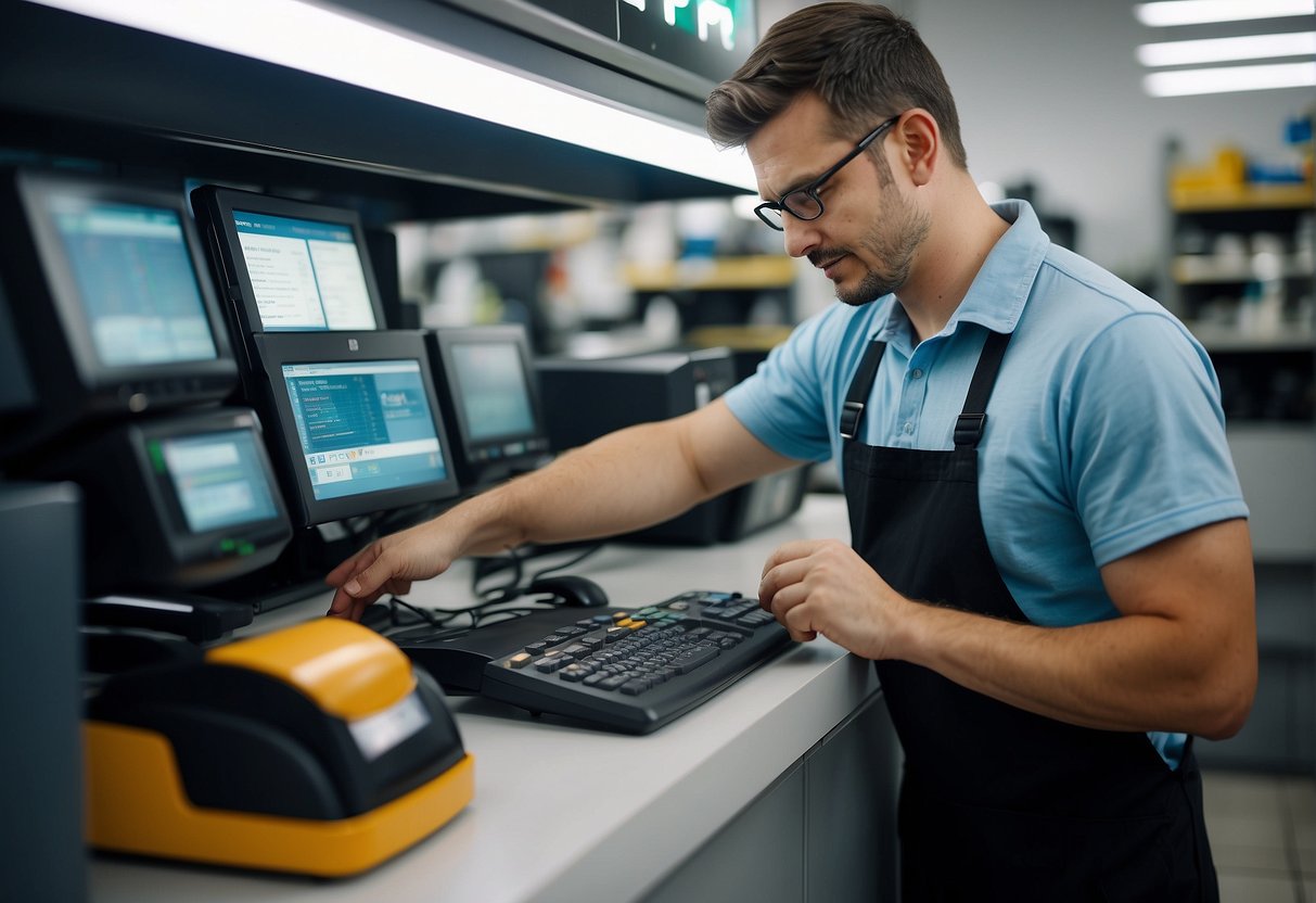 A technician wipes clean a POS system, erasing sensitive retail data