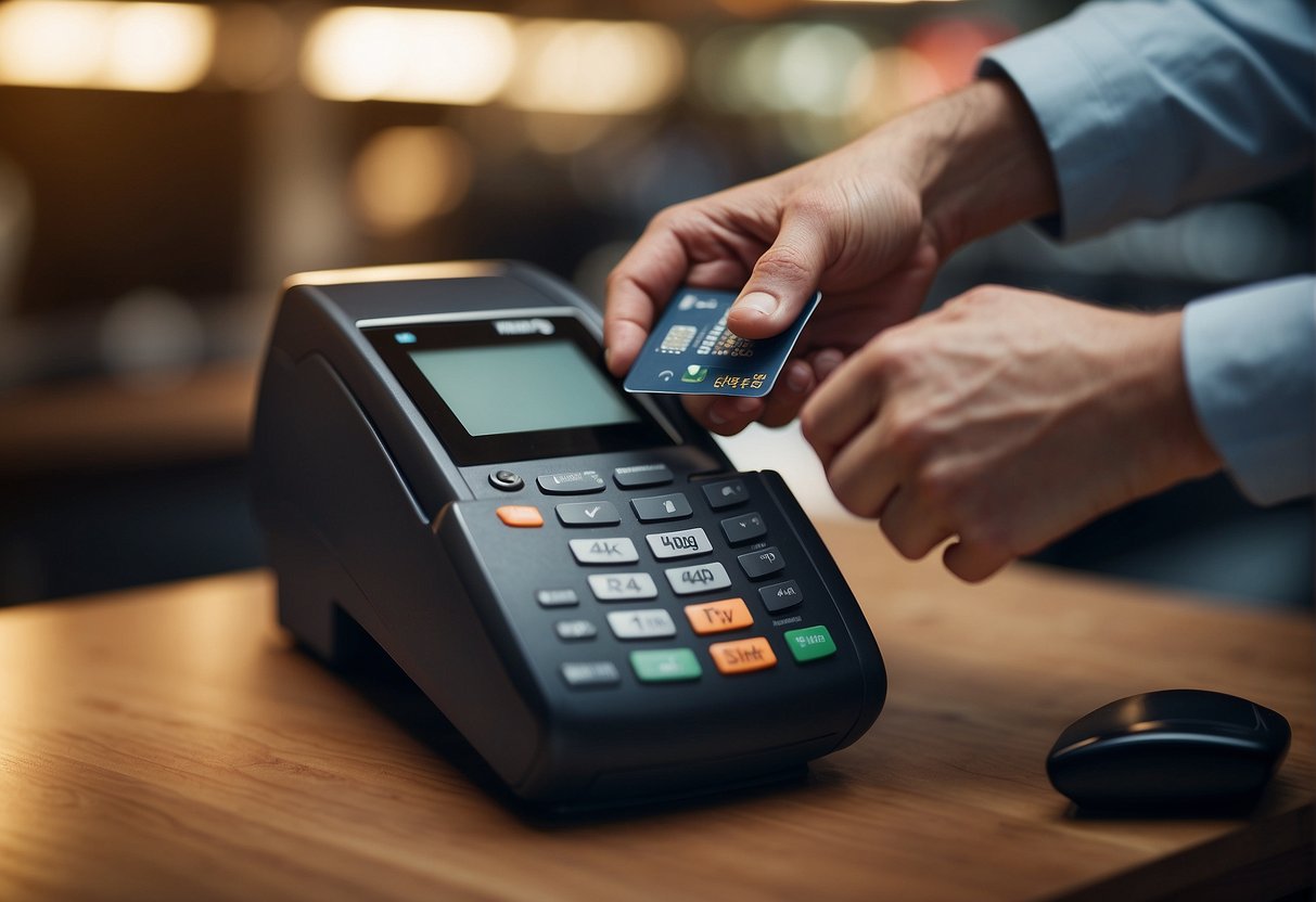 A hand holding a magnet hovers over a POS system, erasing sensitive customer data from the device's memory