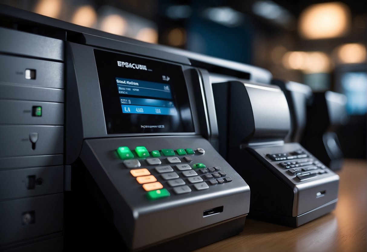 A secure POS system with locked cabinets, encrypted data transfer, and a shredder for data erasure