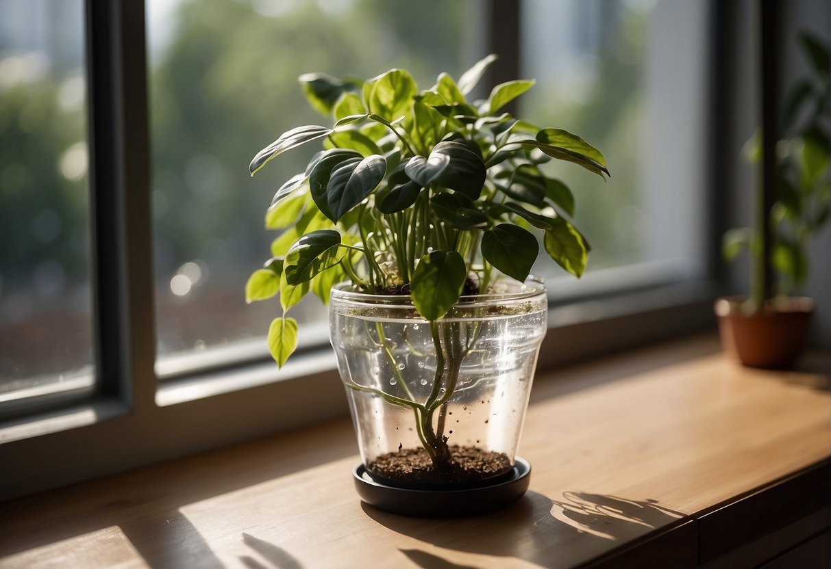 A self-watering plant pot made of clear plastic sits on a sunny windowsill, with a green plant growing inside. The pot has a built-in reservoir and a wick to provide water to the plant