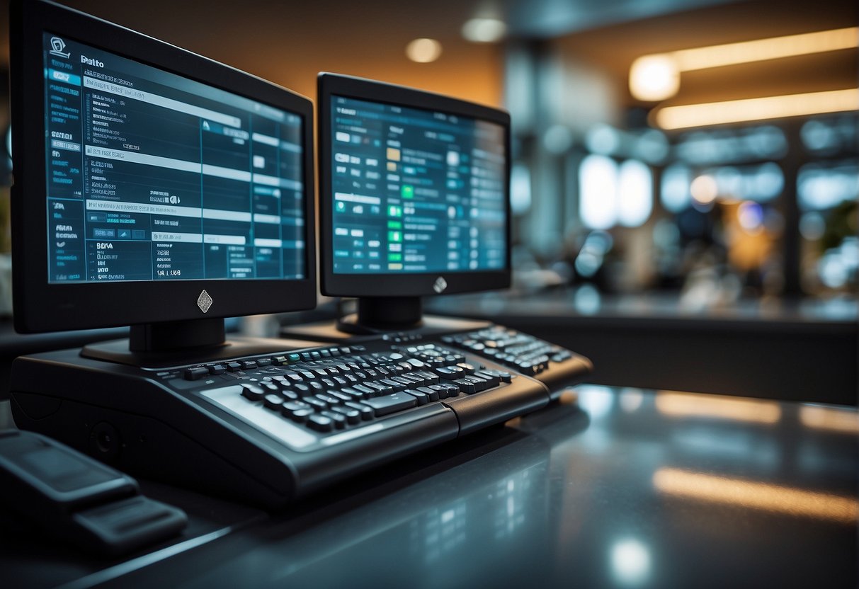 A POS system surrounded by layers of security measures, including encryption, firewalls, and data erasure protocols, ensuring the protection of sensitive retail data