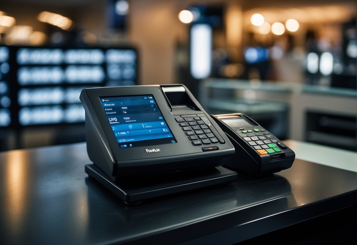 A point of sale (POS) system being wiped clean of data using advanced security solutions, with emerging technologies in the background