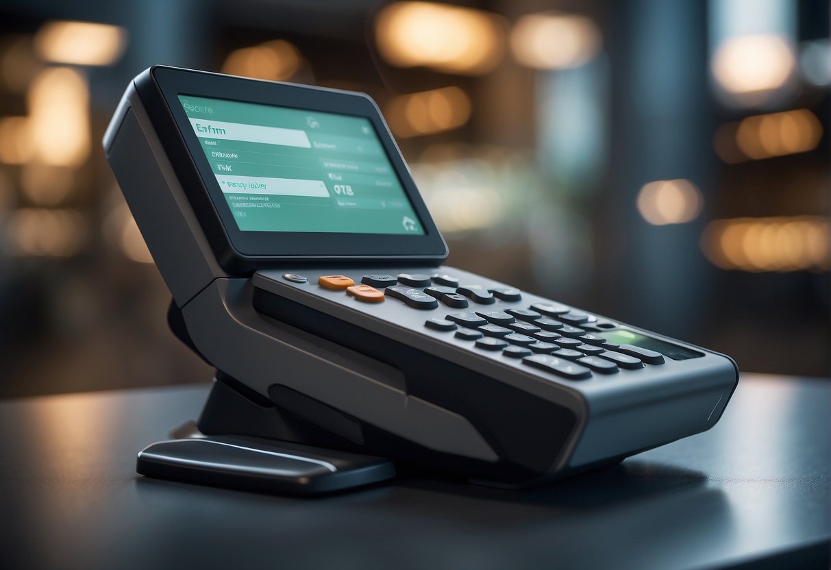 A secure POS system erasing data, surrounded by trust symbols and shielded by a protective barrier