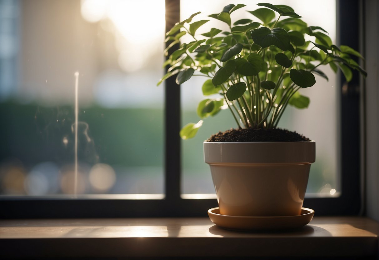 A self-watering plant pot sits on a windowsill. A water reservoir at the bottom releases water into the soil through a wick, keeping the plant hydrated