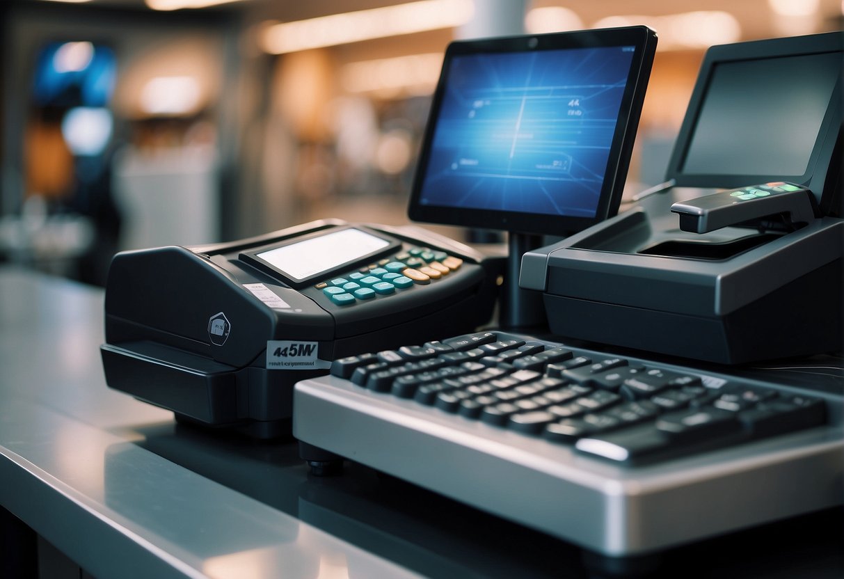 A POS system being wiped clean of data, with a secure erasure process in place. Retail environment with electronic devices and security measures visible