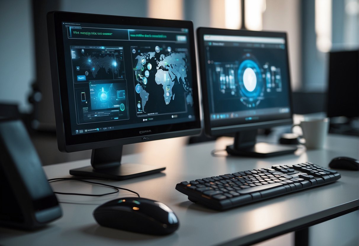 A computer with a secure data erasure software running, surrounded by biometric devices like fingerprint scanners and facial recognition cameras