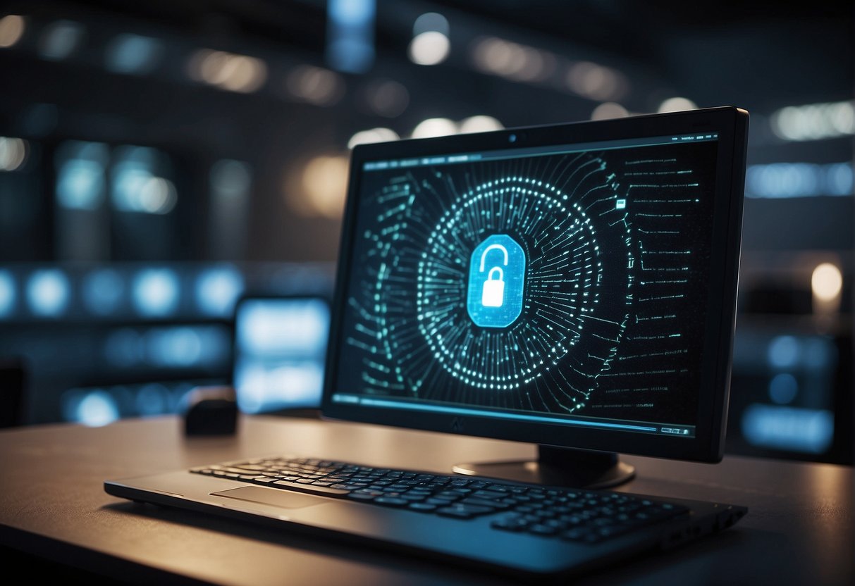 A secure data erasure process taking place on a computer system with biometric security measures in place, ensuring the protection of sensitive biometric data