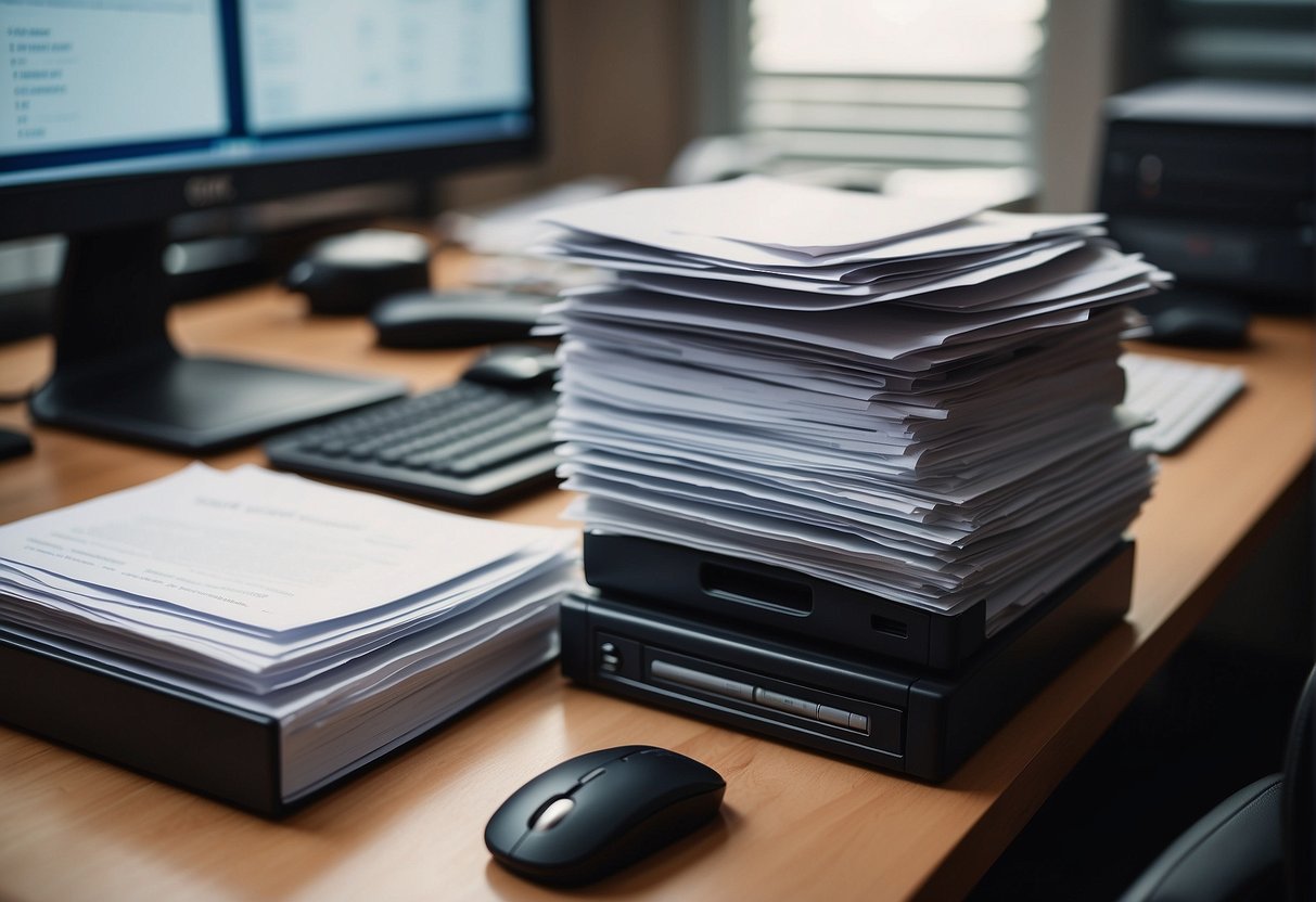 A stack of legal documents sits on a desk, surrounded by a computer, hard drives, and biometric scanning devices. A shredder and eraser tool are prominently displayed, emphasizing the importance of data erasure in protecting biometric data
