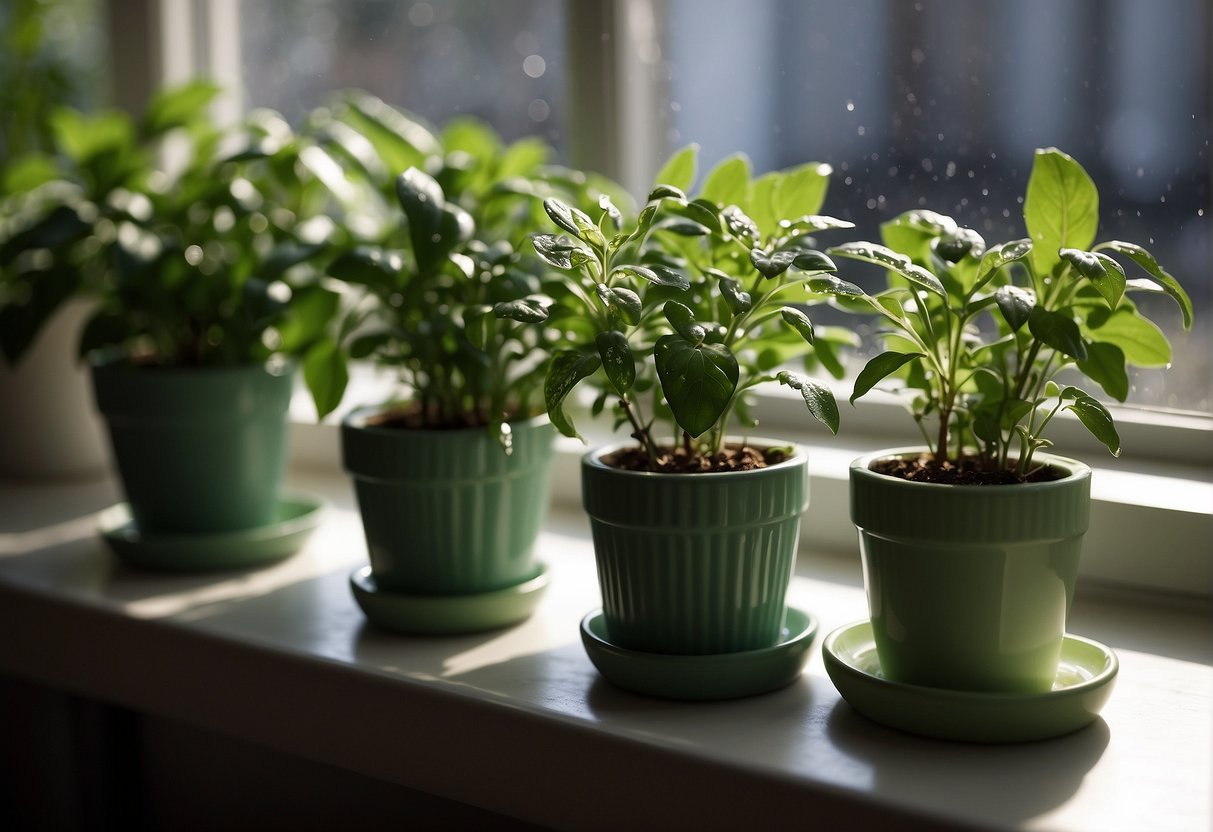 Lush green wicking pots sit on a sunlit windowsill, with water droplets glistening on the leaves