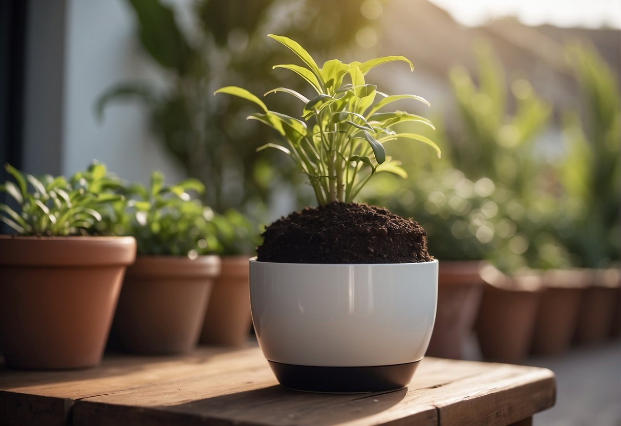 A wicking pot sits on a sunny patio, filled with soil and a small plant. A water reservoir below the soil is connected by a wick, providing a constant supply of moisture to the plant's roots