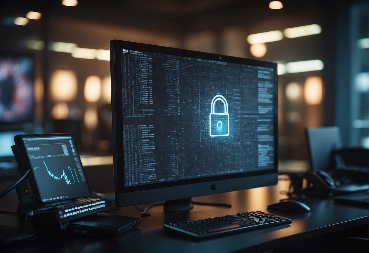 A computer monitor displaying biometric data being erased by a secure software program. Multiple security locks and encryption symbols surround the monitor