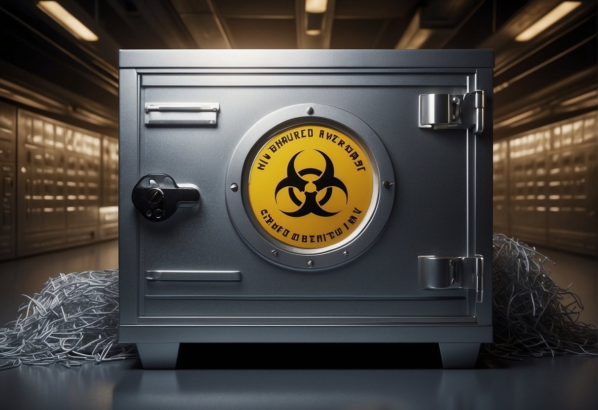 A locked vault with a biohazard symbol, containing biometric data, surrounded by warning signs and a shredder